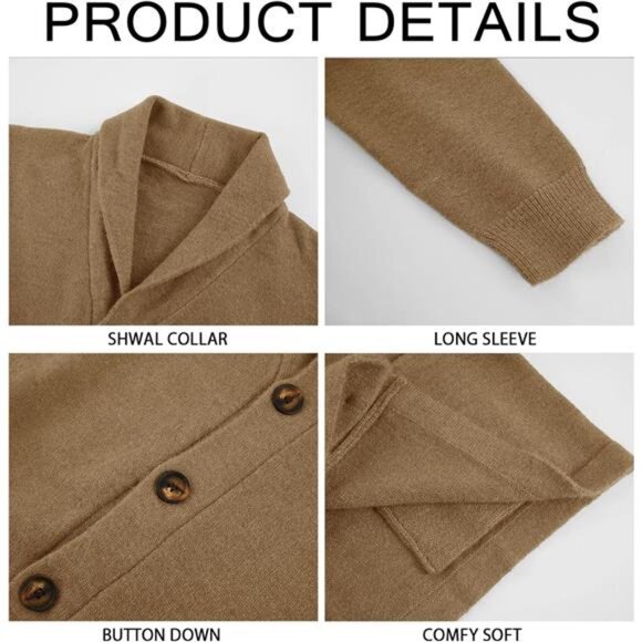 Men’s Shawl Collar Cable Knit Cardigan Button-Down Loose Fit Sweater - Picture 4 of 5